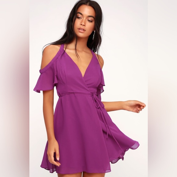 LULUS Bombshell Magenta Off-the-Shoulder Wrap Dress - Picture 1 of 9